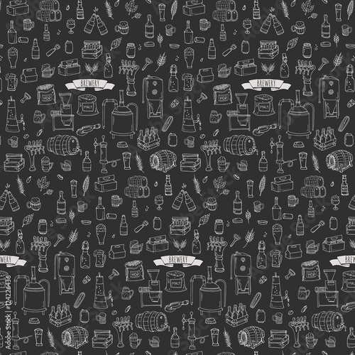 Seamless pattern Hand drawn doodle set of Brewery icons. Vector illustration set. Cartoon Craft Beer production symbols. Sketchy brewing elements collection: pub equipment, malt, hop, glass, barrel