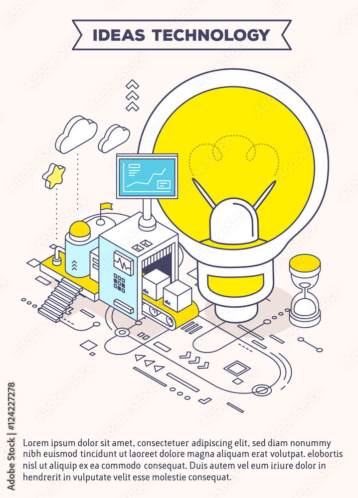 Obraz premium Vector template with illustration of light bulb, hourglass and t