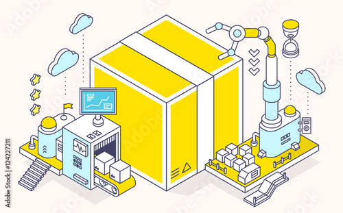 Vector illustration of box and three dimensional mechanism with
