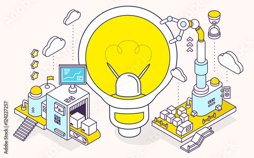 Vector illustration of light bulb and three dimensional mechanis