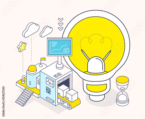 Vector illustration of light bulb and three dimensional mechanis