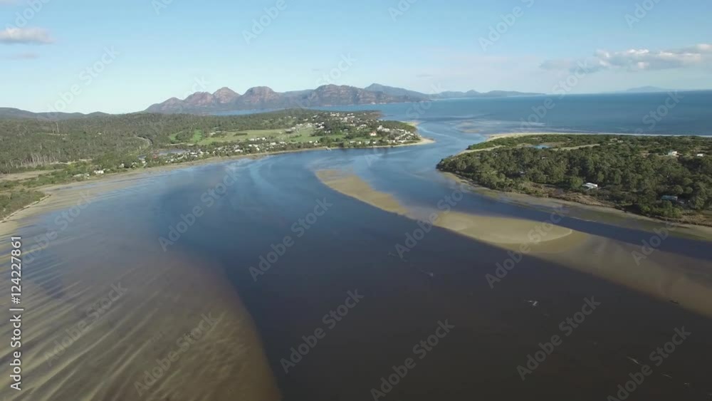 Orbit pan over Swanwick Bay revealing Coles Bay and The Hazards mountain range in Freycinet National Park, Tasmania, Australia Orbit pan over Swanwick Bay revealing Coles Bay and The Hazards mountain range in Freycinet National Park, Tasmania, Australia