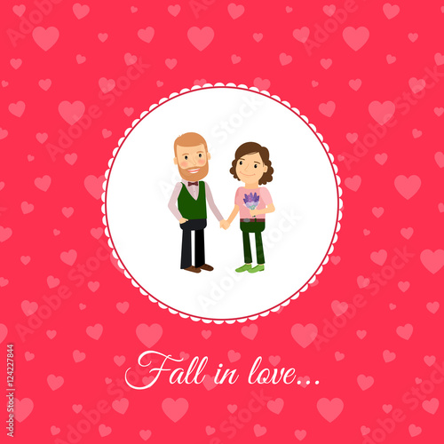 Fall in love couple, valintines day card template with pink background. Vector illustration photo