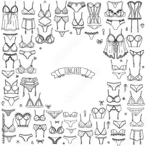 Hand drawn doodle Lingerie icon set. Fashion feminine vector illustration. Sexy lacy woman underwear symbol collection. Cartoon various sketch elements  bra  panties  corset  brassiere  string  bikini