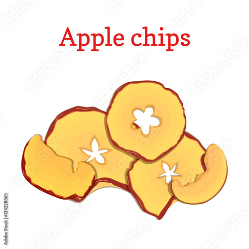 Vector illustration of apples dried fruits. Slices of apple chips, baked delicious fruits isolated on white background. It can be used in the design of packaging cereals, breakfast cereal healthy food