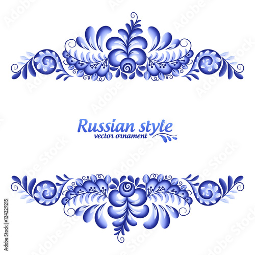 Blue floral vector frame in Russian traditional Gzhel style