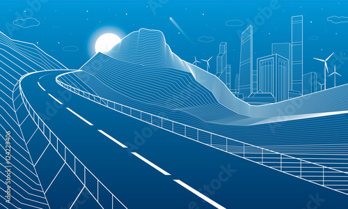 Highway in mountains, night scene, neon city and business buildings on background, white lines landscape, vector design art