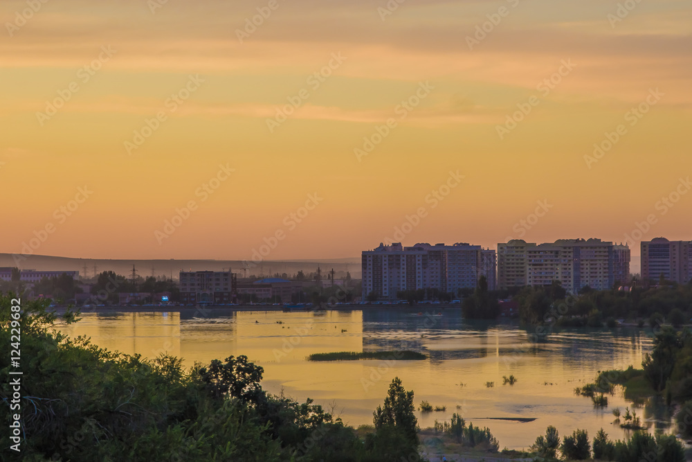 Sayran lake - evening city view, Almaty, Kazakhstan