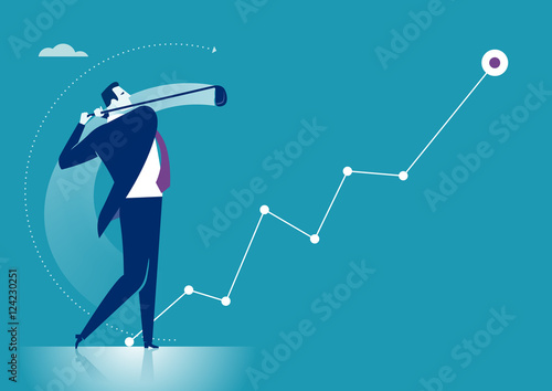Drive. Manager hits a golf ball creating rising business chart. Concept business vector illustration