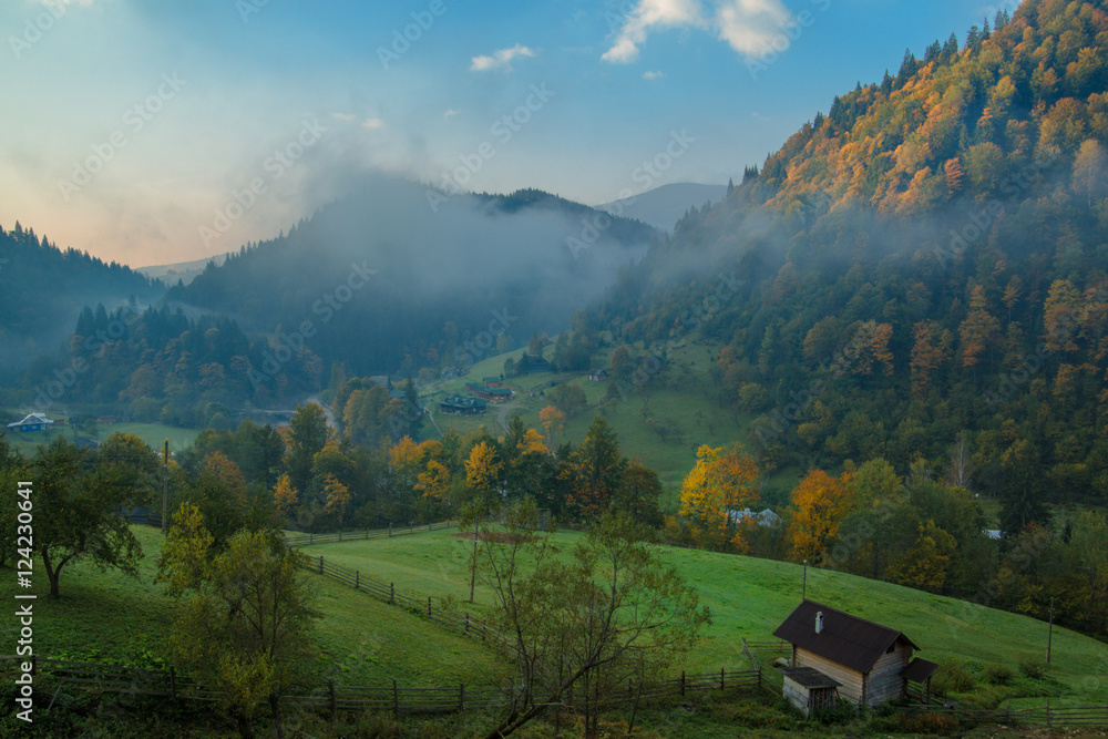 village in mounain. Autumn and fog in mountain
