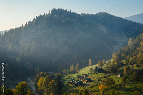 village in mounain. Autumn and fog in mountain