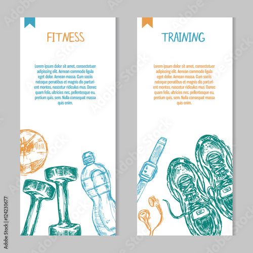 Cards with sport and fitness hand drawn items.