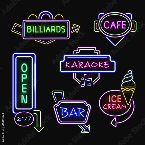 Neon Signboards Realistic Night Icons Collection 