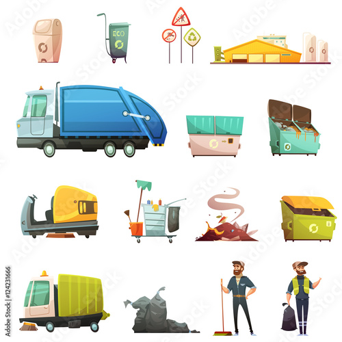 Garbage Waste Sorting Cartoon Icons Set 