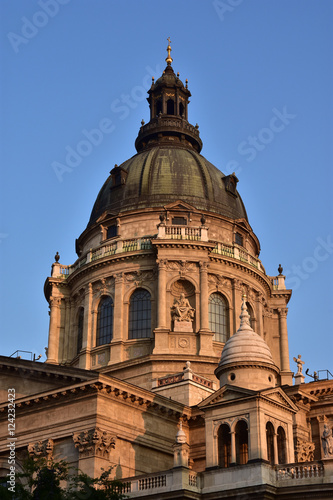 Dawn on Szent Istvan Bazilika dome, neoclassical church in the historic center of Budapest