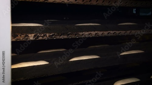 Bakershop. Rows of Raw Loaves Moving in Long Metal Trays up and Down. Pastry Inflating. Dark Space. Closeup photo