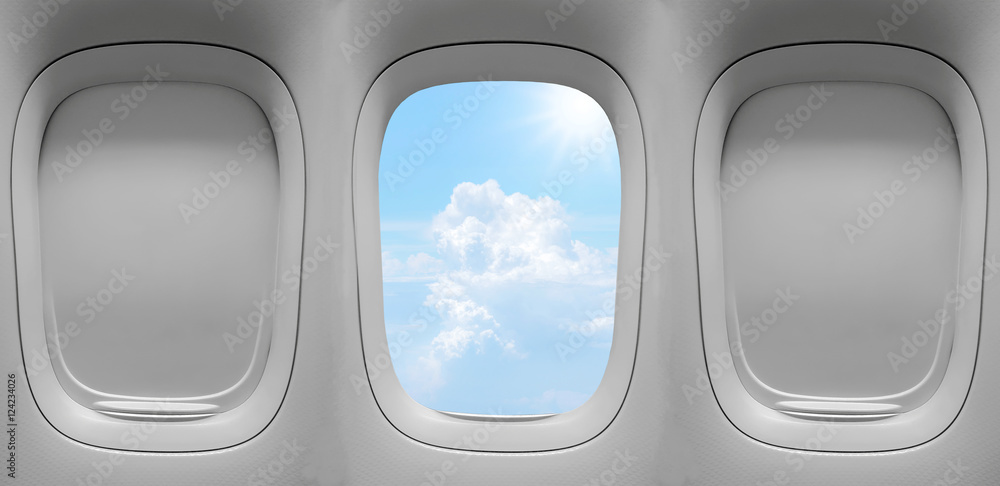 Fototapeta premium Closeup group of the airplane windows with the clouds sky background.