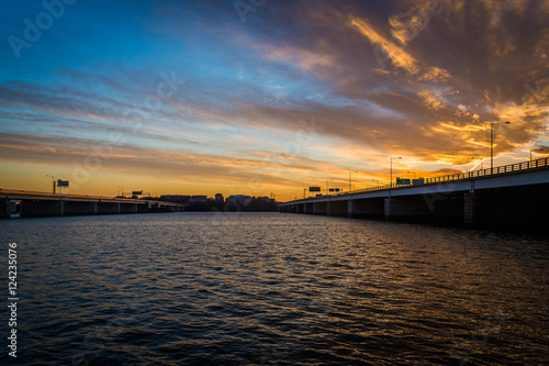 Sunset over the Potomac River and bridges in Washington, DC.