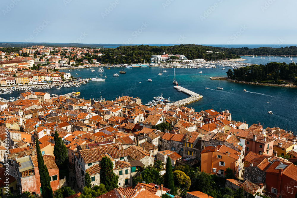 The panoramic view from the bell tower Church of St. Euphemia on the old town of Rovinj, Croatia
