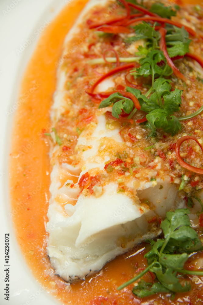 Steamed snow fish with spicy sauce Steamed snow fish with spicy sauce