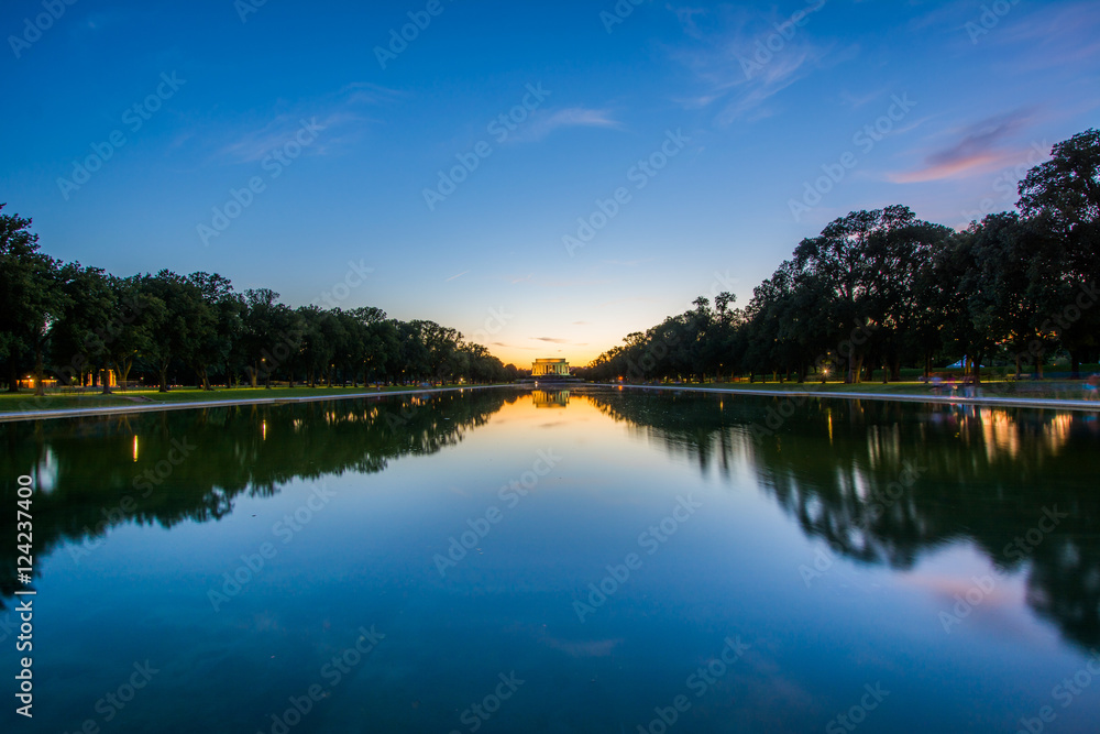 The Lincoln Memorial and Reflecting Pool at sunset, in Washingto