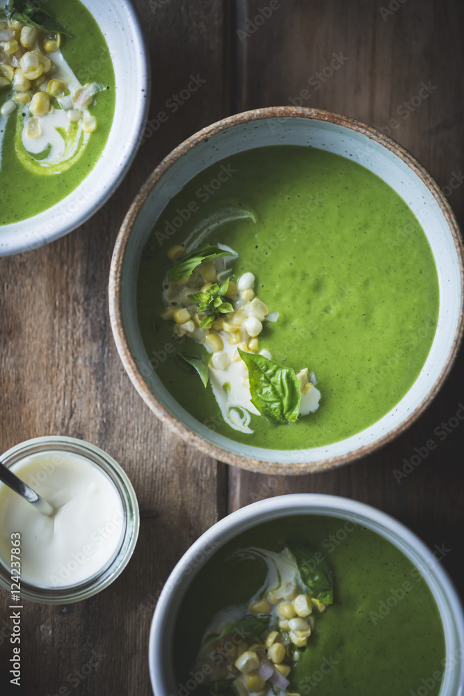 zucchini basil soup with crème fraîche and pickled corn zucchini basil soup with crème fraîche and pickled corn