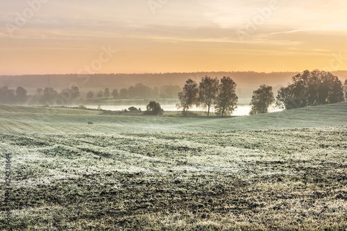 The first frost in the fields. Misty autumn morning.
