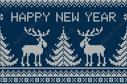 Winter Holiday Seamless Knitting Pattern with a Christmas Tree, Elks and Greeting Text Happy New Year