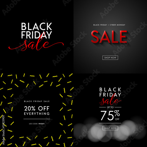 Black Friday Sale illustrations for social media banners, ads, newsletters, posters, flyers, websites. Set of typographic vector designs.