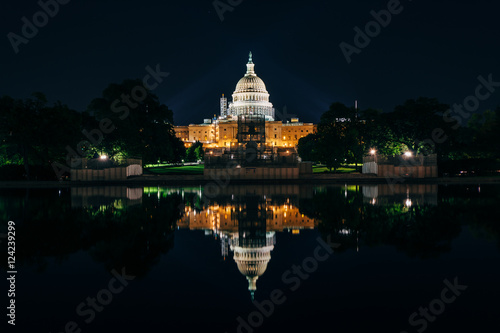 The United States Capitol Building and Reflecting Pool at night,