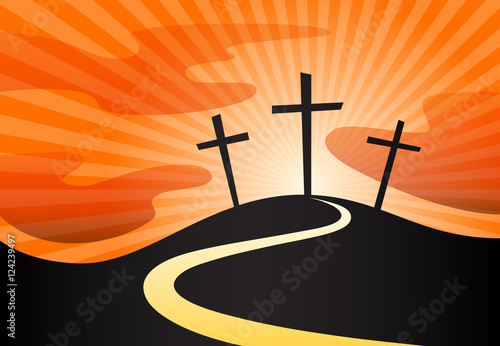 Christian crucifix silhouette of calvary cross symbol on hill and sky sunrays background. Vector illustration.