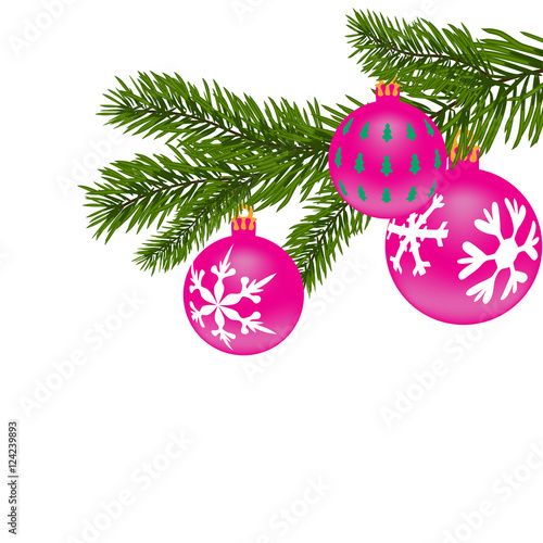 New Year or Christmas background. Fir tree branch with red balls with the figure. illustration