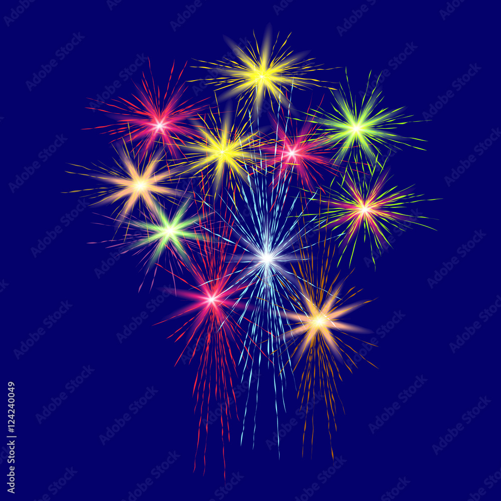 Naklejka premium Festive, large, multi-colored fireworks on a blue background illustration.