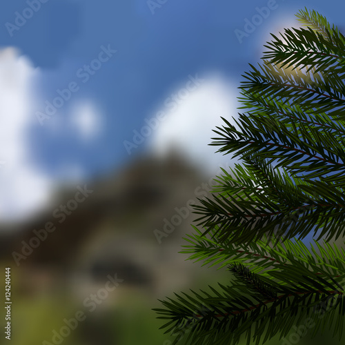 Realistic green spruce. Beautiful  natural background. Fir tree - a symbol of Christmas and New Year.  illustration