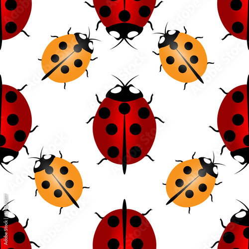 Red and yellow ladybugs with seven and five points on the back - for happiness, seamless pattern. Ladybird endless pattern.