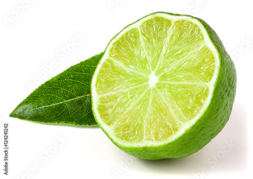 Lime half with leaf isolated on white background