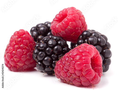 Fotografie pile of raspberries and blackberries isolated on white background