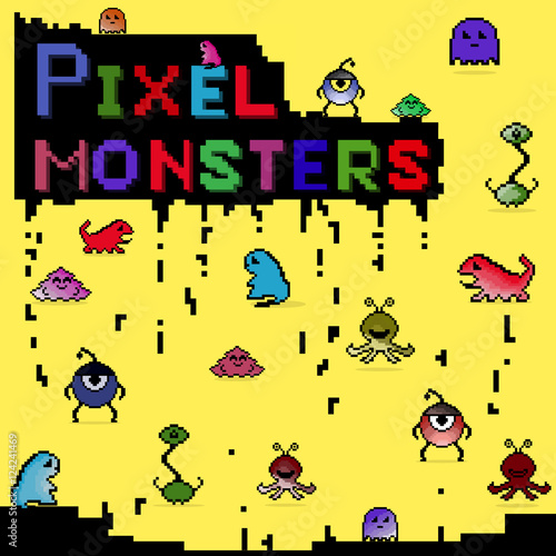 Set of funny colorful pixel monsters.Ideal for children room dec