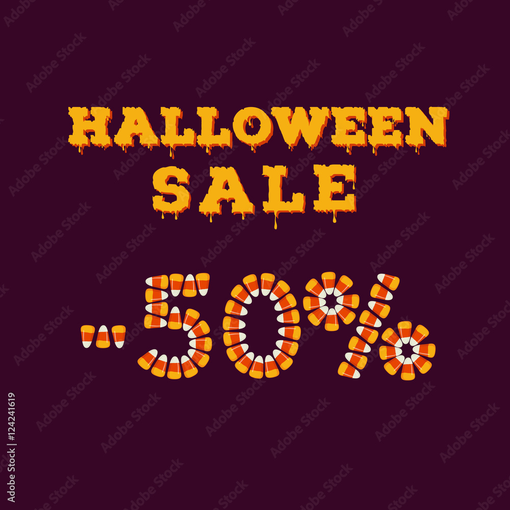 Φωτογραφία Halloween sale minus fifty percents inscription typography made of small candy corns