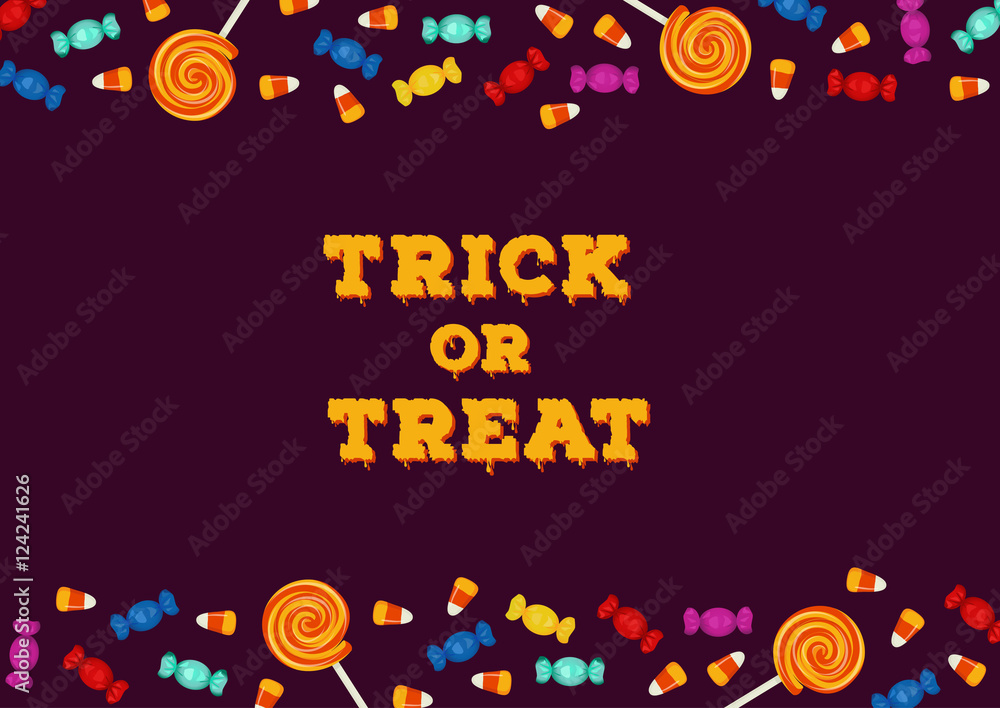 Trick or treat inscription with horizontal border made of candies. Happy Halloween holiday concept greeting card