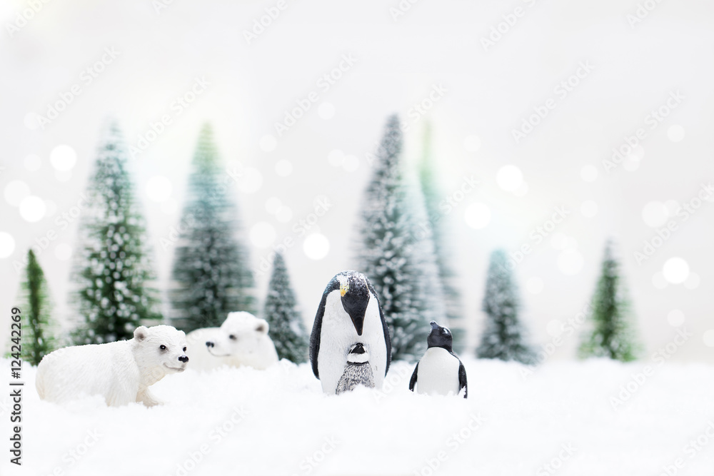 Fototapeta premium Christmas pinguins, polar and grizzly bears in Snowy Winter Forest