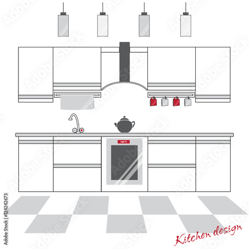 Kitchen with furniture and utensils. Kitchen front view in gray and red color . Stock vector. Flat design.