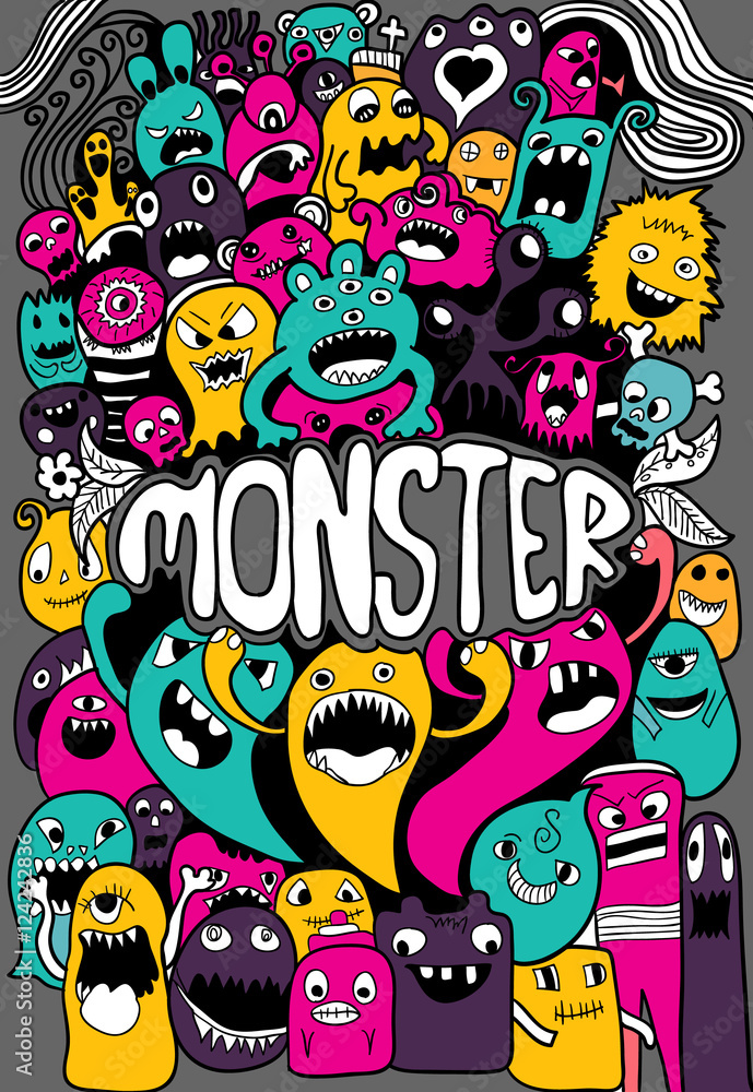 Fototapeta Vector illustration of Monsters and cute alien friendly, cool, cute hand-drawn