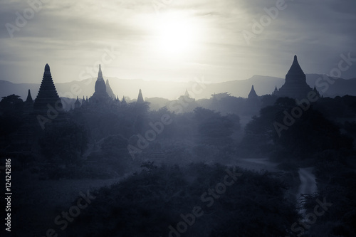 Amazing sunset colors and silhouettes of ancient Buddhist Temples at Bagan Kingdom  Myanmar  Burma . Travel landscape and destinations