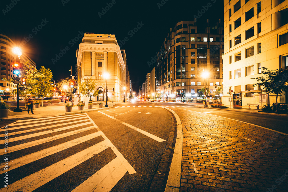 The intersection of H Street and New York Avenue at night, in Wa
