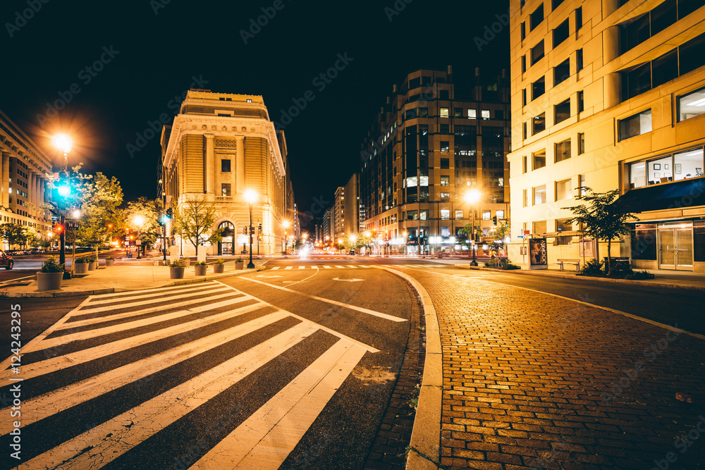 The intersection of H Street and New York Avenue at night, in Wa