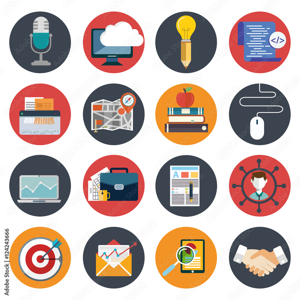 Set of various financial service items, web and technology development, business management symbol, marketing items and office equipment on background Set of various financial service items, web and technology development, business management symbol, marketing items and office equipment on background