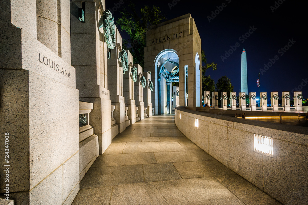 Walkway at the National World War II Memorial at night, at the N
