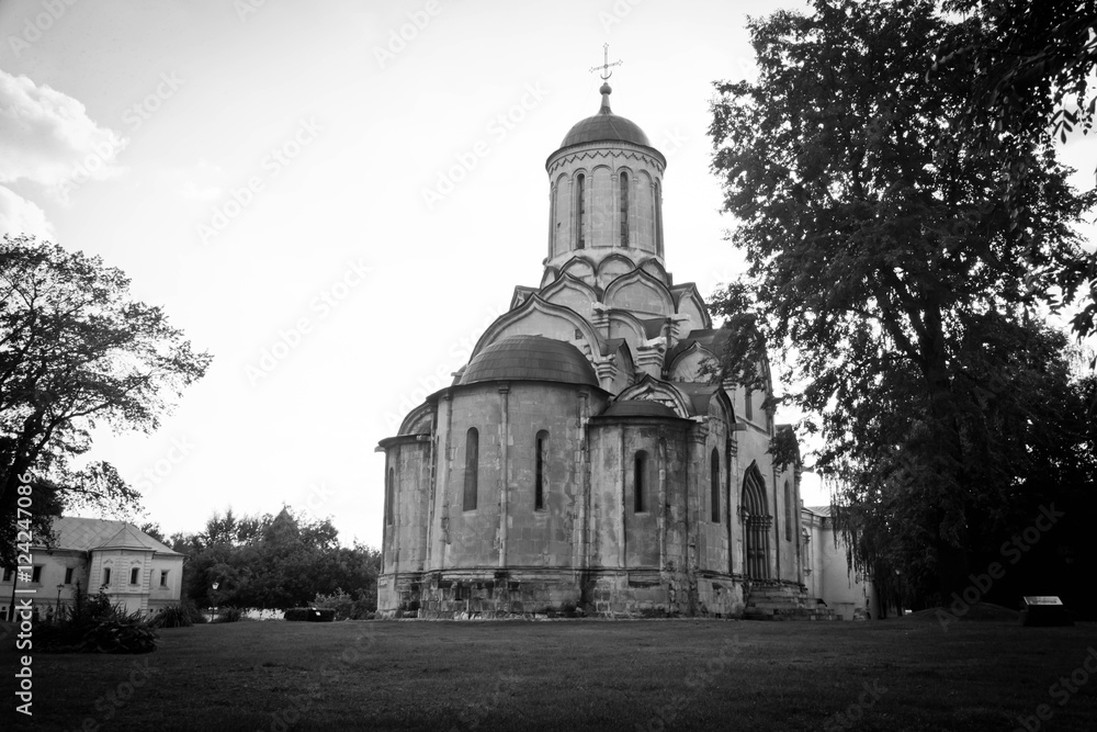 stone church in old monastery black and white