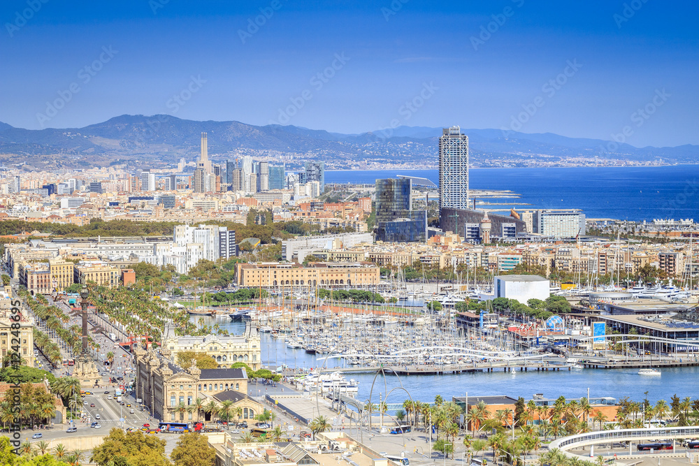 Fototapeta premium Barcelona panorama with Port Vell in Barcelona, Spain
